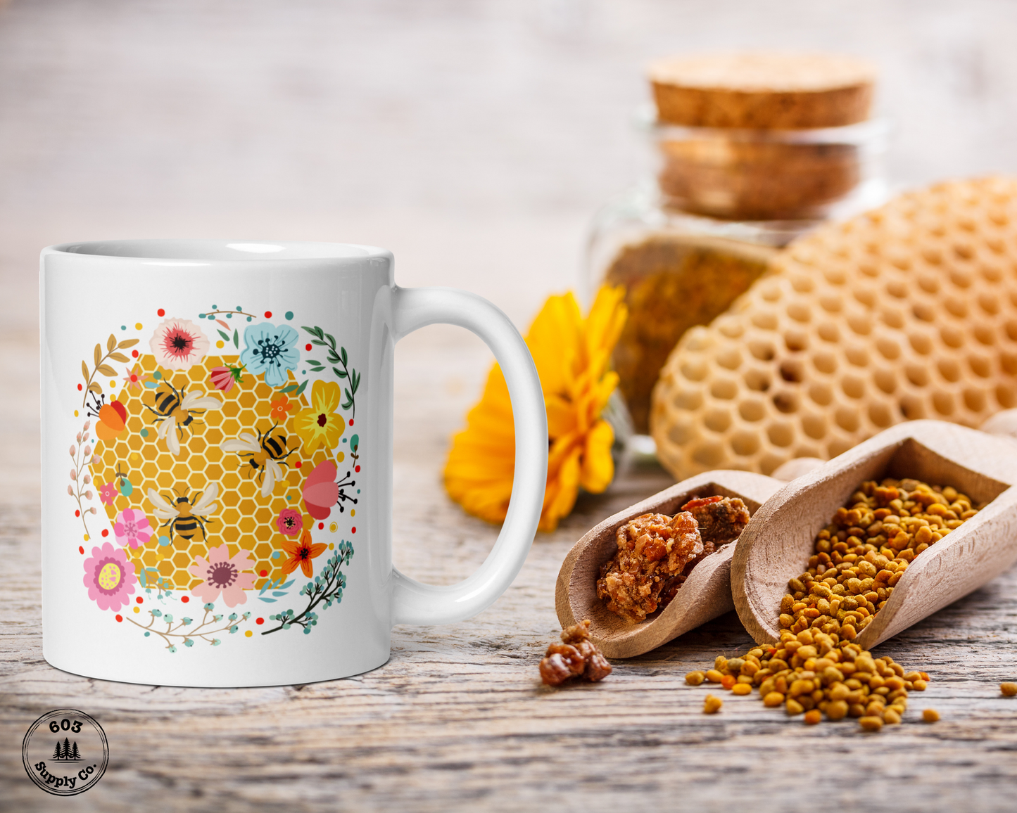 Hum of the Hive White Glossy Mug